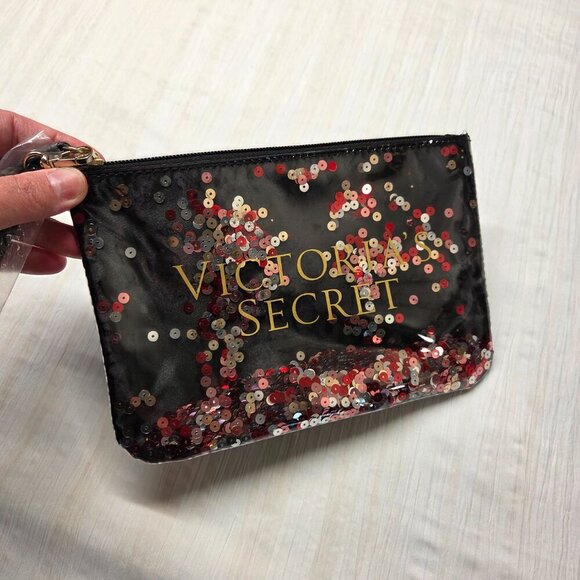 Victoria's Secret Limited Edition Black Sequin Wristlet Cosmetic Makeup Bag 9"x6 - Picture 4 of 7